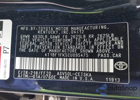 2012 Toyota Camry Se z USA, uszkodzony, nr VIN 4T1BF1FK5CU095475